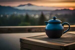 une théière sur une en bois table avec montagnes dans le Contexte. généré par ai photo