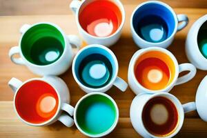 une groupe de coloré tasses avec différent couleurs. généré par ai photo