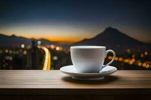 café tasse sur le table avec ville lumières. généré par ai photo