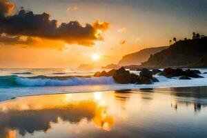 le coucher du soleil sur le plage. généré par ai photo