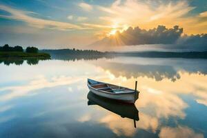 une bateau sur une Lac à le coucher du soleil. généré par ai photo