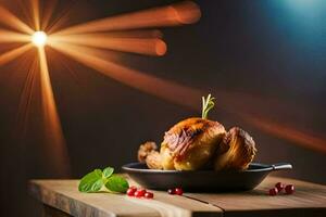 une poulet sur une assiette avec baies et une lumière. généré par ai photo