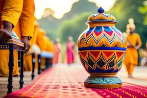 une coloré vase sur une rouge tapis. généré par ai photo