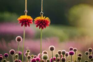 deux fleurs pendaison de une chaîne dans une champ. généré par ai photo