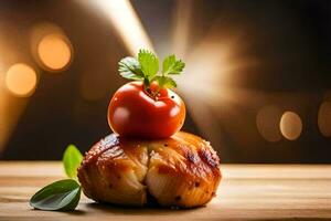 une pièce de Viande avec tomates et basilic sur Haut. généré par ai photo