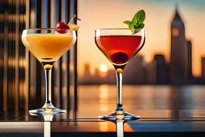 deux des cocktails sur une table avec une ville horizon dans le Contexte. généré par ai photo