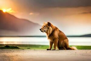 une chien séance sur le sol à le coucher du soleil. généré par ai photo