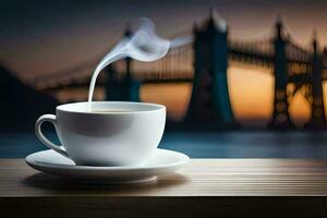 tasse de café avec une vue de le pont. généré par ai photo