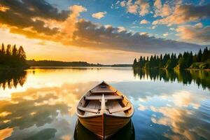 une bateau est flottant sur le calme l'eau à le coucher du soleil. généré par ai photo