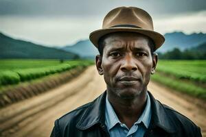 une homme dans une chapeau des stands dans une saleté route. généré par ai photo