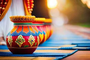 une rangée de coloré des vases sur une bleu tapis. généré par ai photo