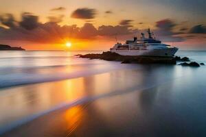 une bateau est assis sur le plage à le coucher du soleil. généré par ai photo