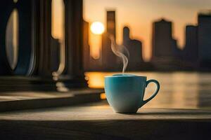 café tasse, le ville, lever du soleil, lever du soleil, le ville, lever du soleil, le ville,. généré par ai photo