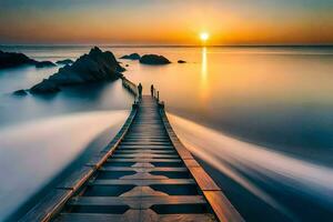 une en bois pont pistes à le océan à le coucher du soleil. généré par ai photo