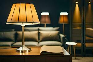 une lampe est sur une table dans de face de une canapé. généré par ai photo