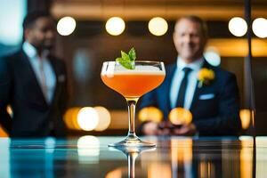 une cocktail dans une verre avec deux Hommes dans combinaisons. généré par ai photo