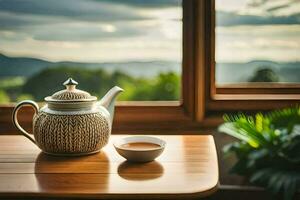 thé sur le table dans de face de le la fenêtre. généré par ai photo