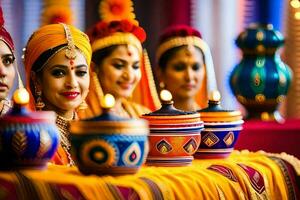 Indien femmes dans coloré traditionnel tenues avec bougies. généré par ai photo
