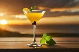 cocktail sur le table avec le coucher du soleil dans le Contexte. généré par ai photo