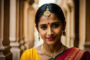 une femme dans une sari avec bijoux et bijoux. généré par ai photo