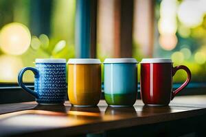 quatre coloré café tasses séance sur une en bois tableau. généré par ai photo