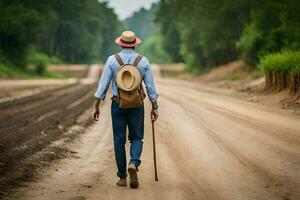 une homme avec une chapeau et canne en marchant vers le bas une saleté route. généré par ai photo