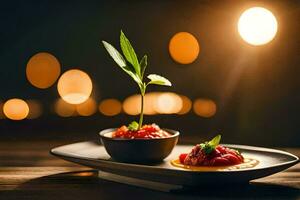 deux petit assiettes avec nourriture sur une en bois tableau. généré par ai photo