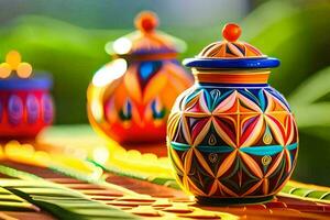 coloré des vases sur une table avec vert feuilles. généré par ai photo