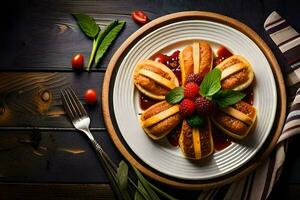 une assiette avec nourriture sur il et une fourchette. généré par ai photo