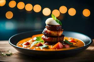 une assiette de nourriture avec Viande et des légumes. généré par ai photo