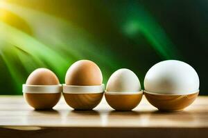 cinq des œufs dans une rangée sur une en bois tableau. généré par ai photo