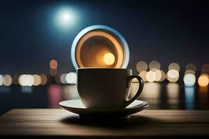 une tasse de café sur une table dans de face de une ville ligne d'horizon. généré par ai photo