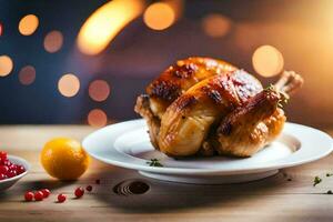 une rôti poulet sur une assiette avec une bol de canneberges. généré par ai photo