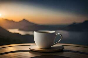 une tasse de café sur une en bois table dans de face de une magnifique le coucher du soleil. généré par ai photo