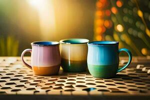 Trois coloré des tasses séance sur une en bois tableau. généré par ai photo