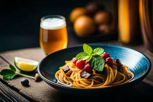 une bol de Pâtes avec tomates et menthe feuilles sur une en bois tableau. généré par ai photo