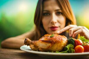 une femme est en mangeant une poulet sur une plaque. généré par ai photo