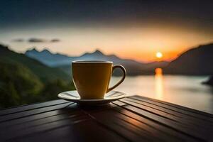 une tasse de café sur une table surplombant une lac. généré par ai photo