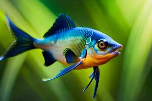 une poisson avec bleu et Jaune couleurs nager dans le l'eau. généré par ai photo