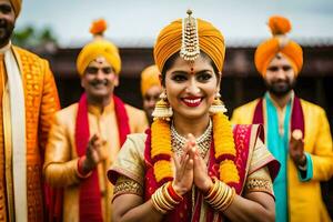 une la mariée et jeune marié dans traditionnel Indien tenue. généré par ai photo