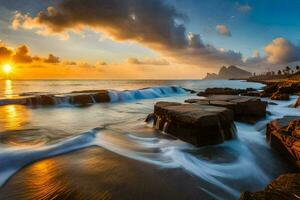 le Soleil ensembles plus de le océan dans cette magnifique photo. généré par ai photo