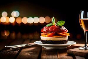 une dessert avec fruit et une verre de du vin. généré par ai photo