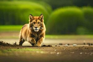 une Lion fonctionnement à travers une champ. généré par ai photo