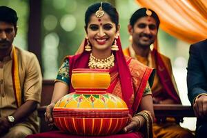 une la mariée dans traditionnel Indien tenue en portant une pot. généré par ai photo