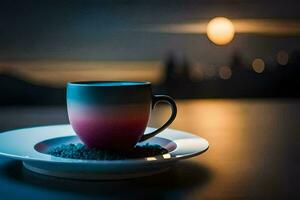 une tasse de café sur une assiette avec une plein lune dans le Contexte. généré par ai photo