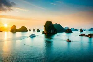 le Soleil ensembles plus de le l'eau dans halong baie. généré par ai photo