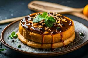 une assiette avec une gâteau surmonté avec sirop et des noisettes. généré par ai photo