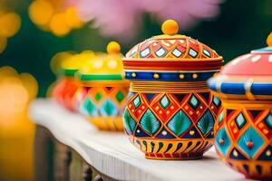 coloré peint des pots sur une en bois tableau. généré par ai photo