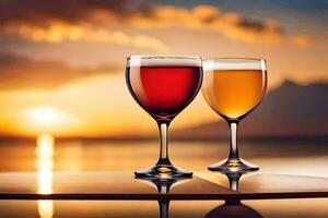 deux des lunettes de du vin sur une table avec le coucher du soleil dans le Contexte. généré par ai photo