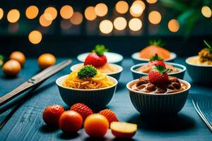 une table avec boules de nourriture et fruit. généré par ai photo